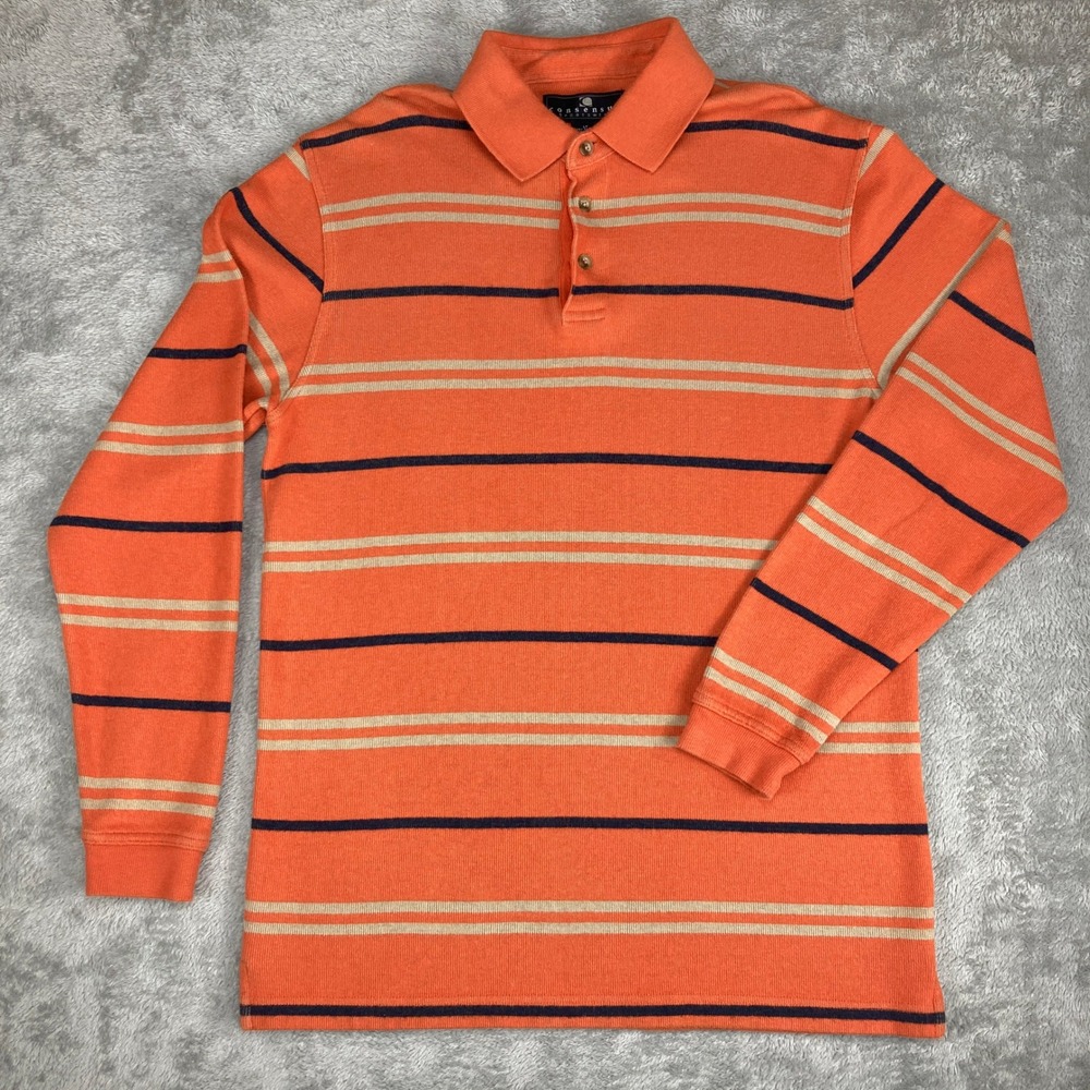 Consensus Sportswear Mens LT Striped Long Sleeve‎ Polo Shirt Orange, Tan, Navy